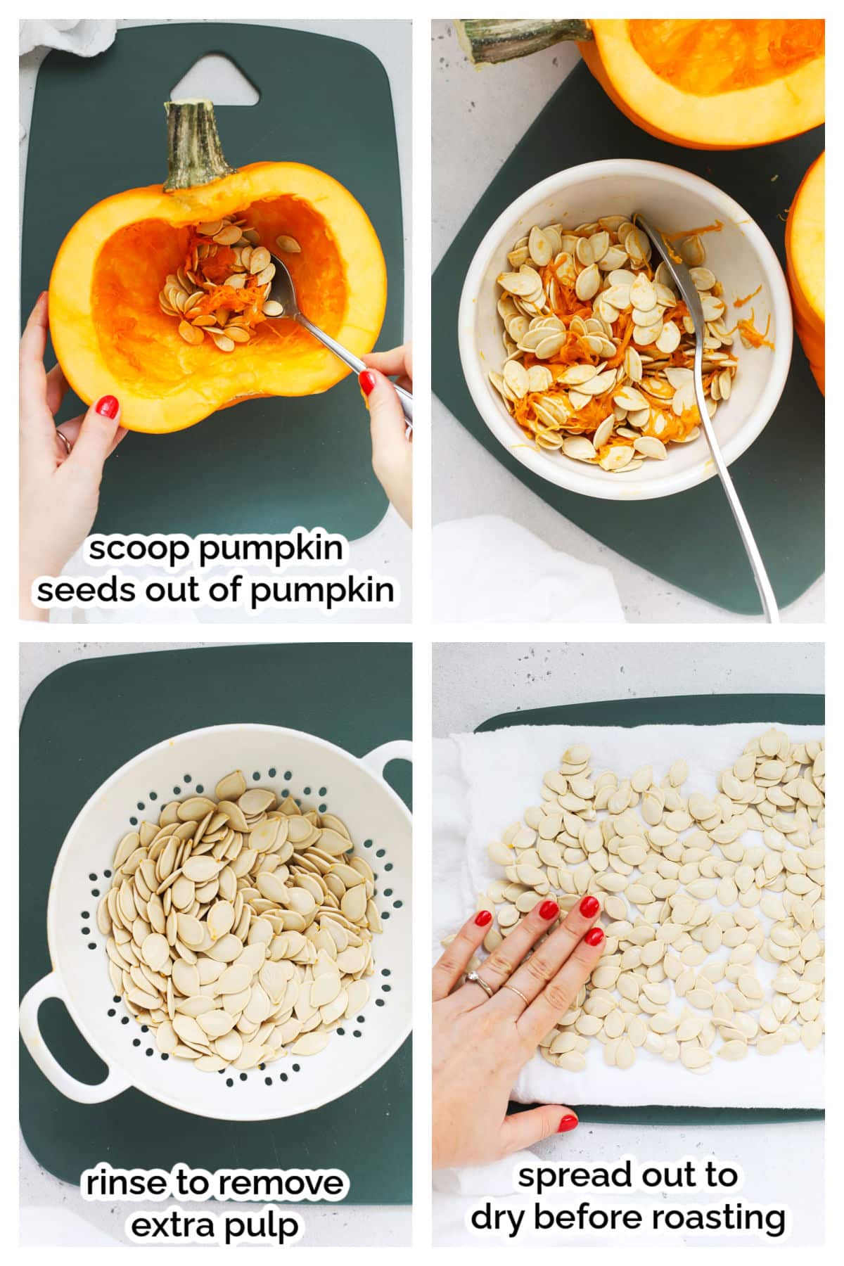 Air Fryer Pumpkin Seeds — Crispy, No-Oil Salted or Sweet Snack 11 Step-by-step flat lay showing pumpkin seeds being rinsed in a colander, patted dry on a towel, and two small bowls of seasoning — one savory, one sweet