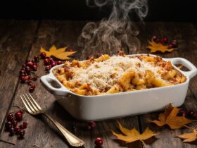 Baked ziti in a white ceramic casserole dish, bubbling with golden-brown mozzarella cheese on top, fresh basil garnish, rustic wooden table setting