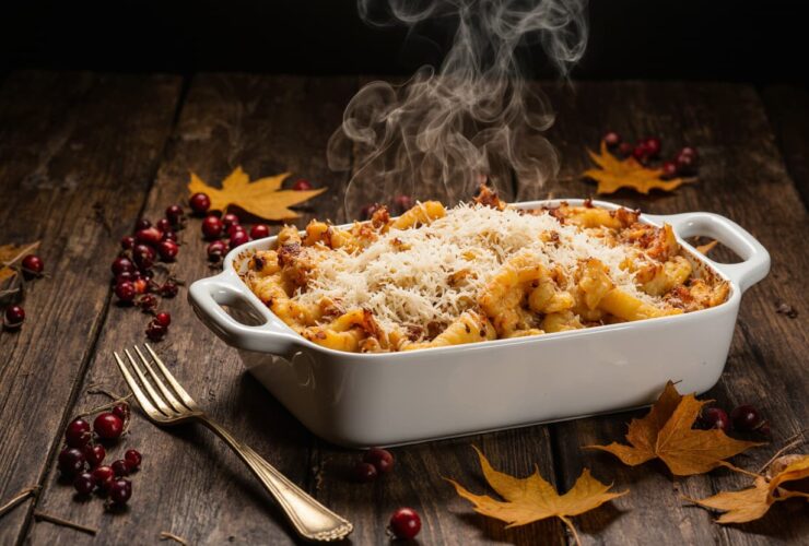 Baked ziti in a white ceramic casserole dish, bubbling with golden-brown mozzarella cheese on top, fresh basil garnish, rustic wooden table setting