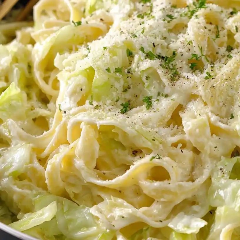 Close-up of a forkful of charred cabbage ribbon being lifted from a bowl of Cabbage Alfredo, with creamy parmesan sauce ribboning off the fork, fresh parsley and lemon zest visible in the background