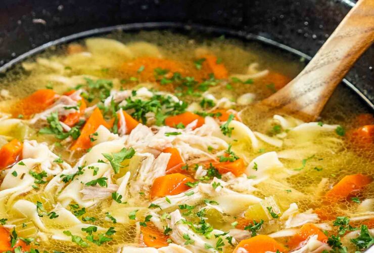 A steaming bowl of from-scratch crockpot chicken noodle soup with golden broth, tender shredded chicken, egg noodles, and fresh parsley, photographed on a rustic wooden table