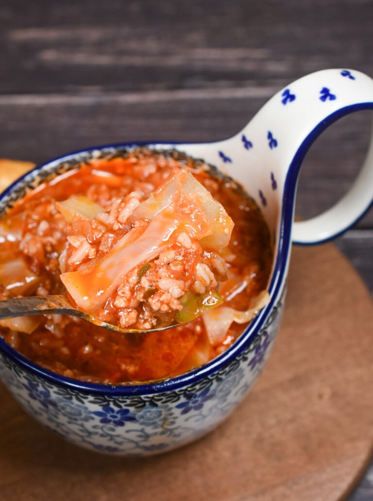 Golumpki Soup — Unstuffed Cabbage Roll Soup with Ground Beef, Rice & Tomato Broth