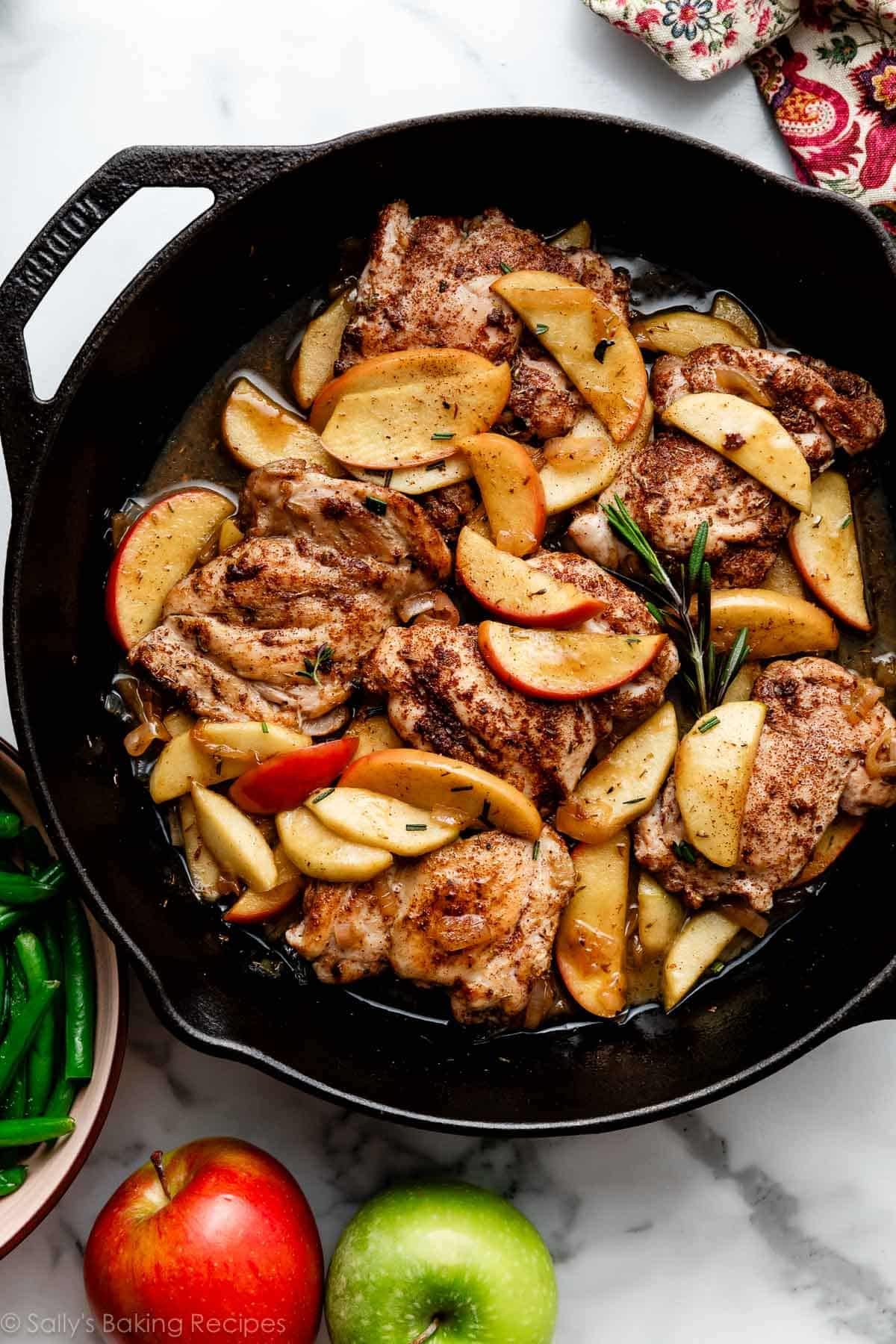 Lighter Apple Cider Chicken Skillet — A Wholesome Fall Dinner Ready in 35 Minutes 10 Lighter apple cider chicken skillet with golden pan-seared chicken breasts, sliced apples, and fresh thyme in a cast iron pan