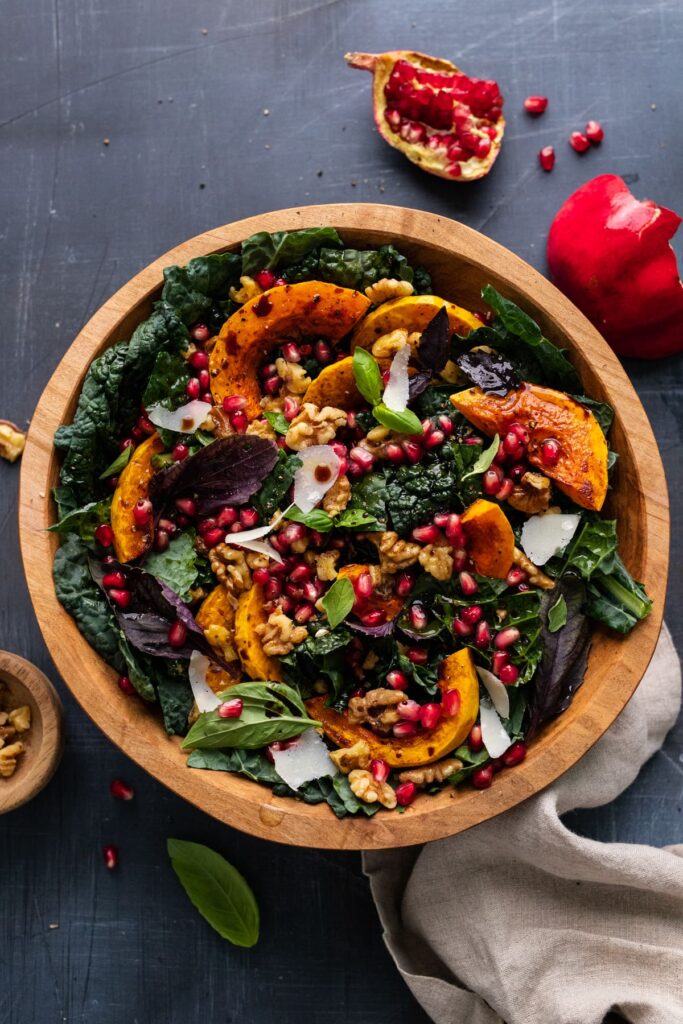 Lighter Autumn Harvest Salad — Massaged Kale, Roasted Butternut & Maple-Dijon Vinaigrette