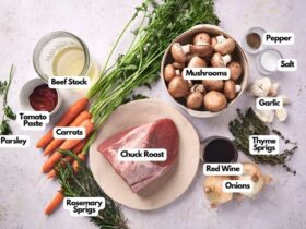 Lighter Beef Pot Roast — Clean, Nourishing & Fall-Apart Tender 18 Trimmed lean chuck roast surrounded by colorful root vegetables, fresh herbs, and low-sodium broth in a Dutch oven before braising