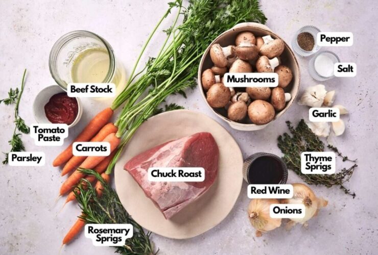 Trimmed lean chuck roast surrounded by colorful root vegetables, fresh herbs, and low-sodium broth in a Dutch oven before braising