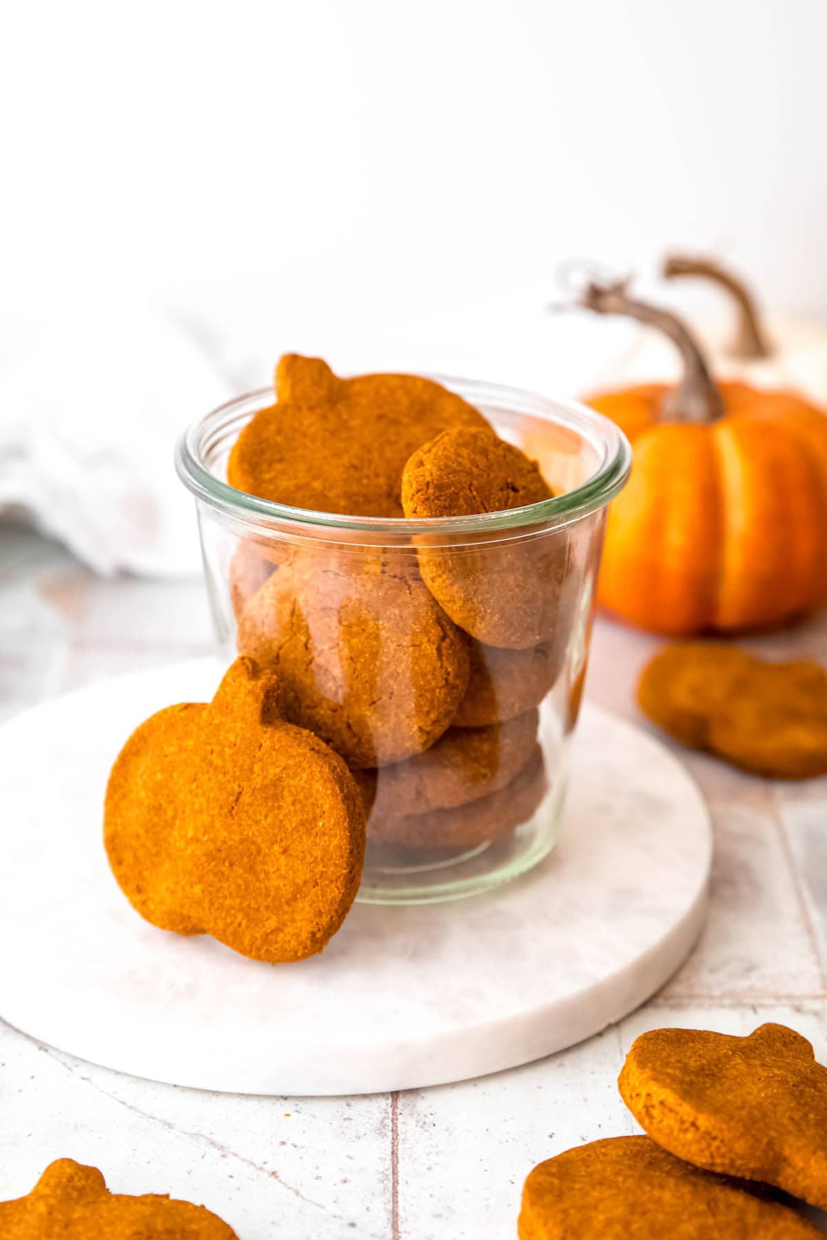 Pumpkin Spice Dog Treats (Bocce's Bakery Copycat) — Healthy, Crunchy & Vet-Approved 11 Flat lay of dog treat ingredients — oat flour, pumpkin purée, peanut butter, molasses, cinnamon, and ginger measured out in small bowls on a light marble surface