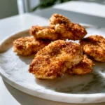 crispy golden air fryer salmon nuggets arranged on a white plate with lemon wedges and a small dish of dipping sauce