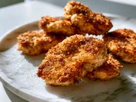 crispy golden air fryer salmon nuggets arranged on a white plate with lemon wedges and a small dish of dipping sauce