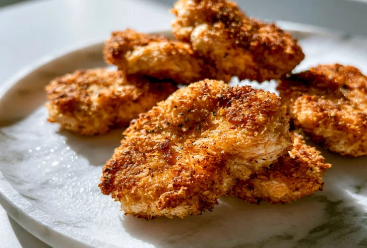crispy golden air fryer salmon nuggets arranged on a white plate with lemon wedges and a small dish of dipping sauce